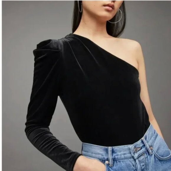 AllSaints Daphne Black Velvet One Shoulder Bodysuit Size 6
